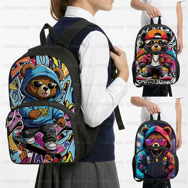 16 Inch Graffiti Cartoon Bear Doll Print Backpack for Travel Teenager Student School Bags Women Men Laptop Bags Daypack