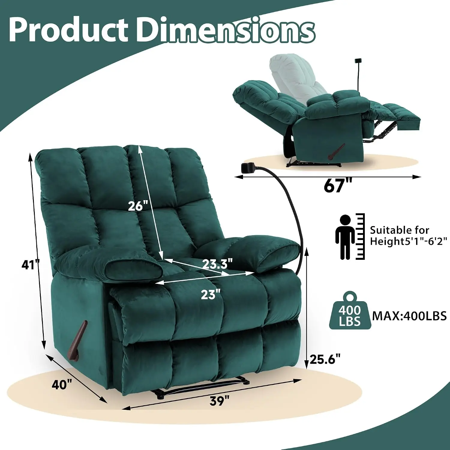 Manual Adjustable Oversized Recliner with Phone Holder, Extra Large Heavy Duty 400lbs for Living Room Nursery RV, Customized