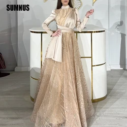 SUMNUS Luxury Shiny Gold A Line Dubai Arabic Women Evening Dresses Long Sleeves Long Prom Gowns Formal Occasion Dress High Neck