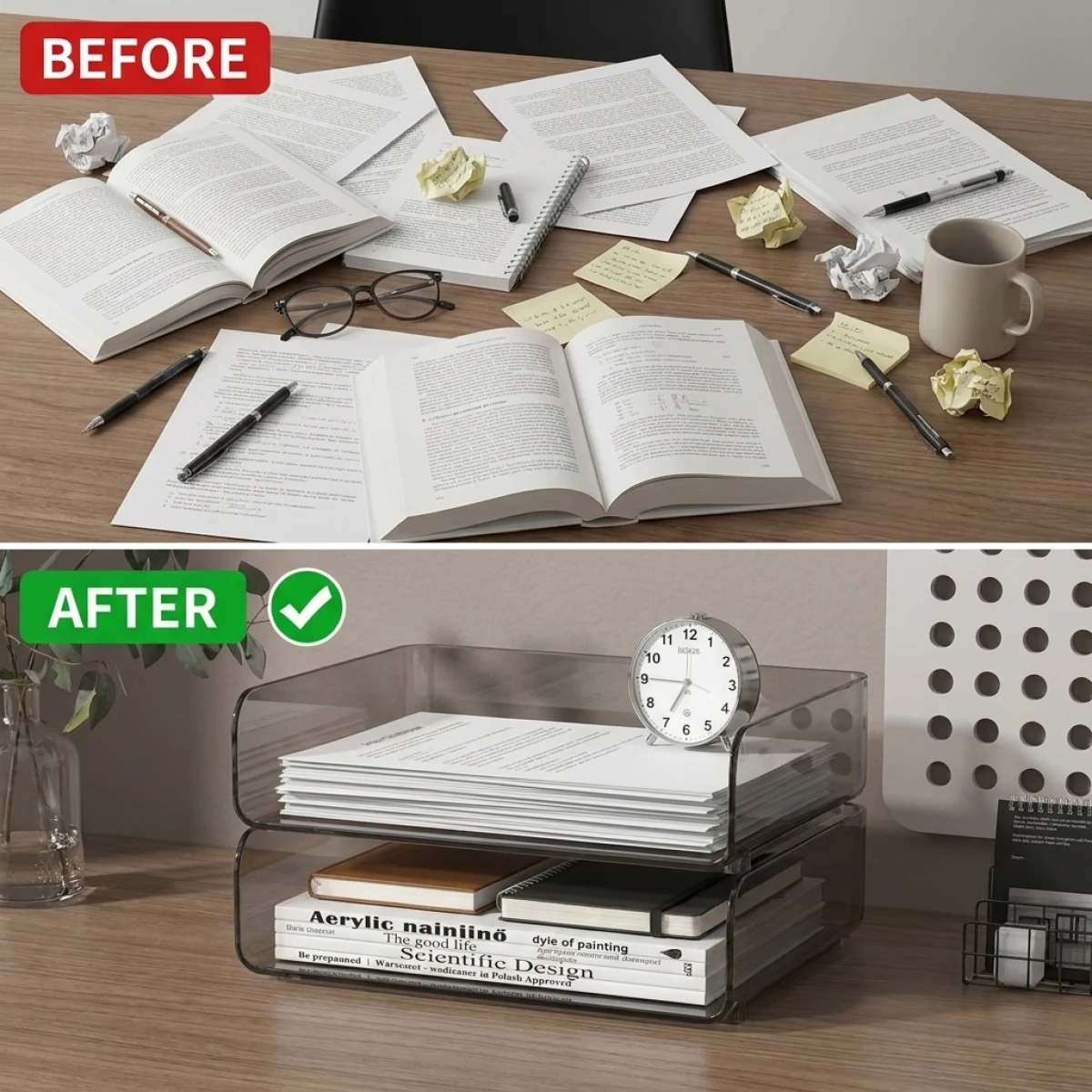 Brown Stackable Acrylic Desk Organizer, Large Capacity File Tray for A4 Documents, Secure Groove Design, Smooth Rounded Corners
