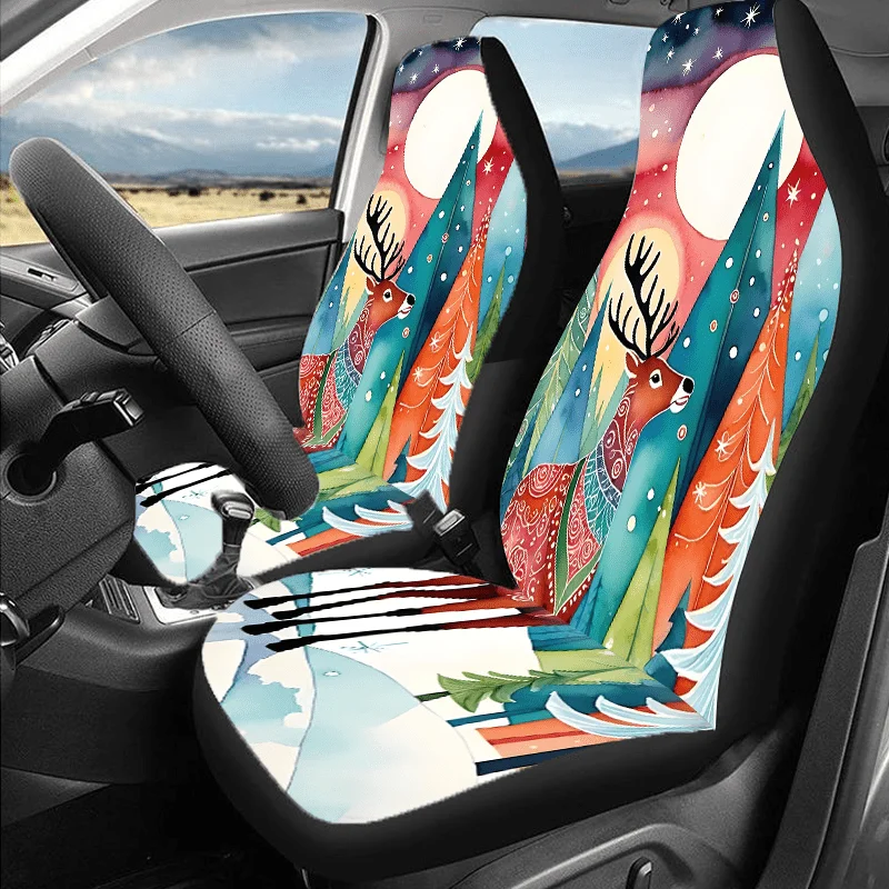 Fit Car Seat Covers Compatible For Vehicles - Winter Deer & Floral Forest, Heavy-Duty Front/Rear Seat Protectors, Pet-Proof - Co