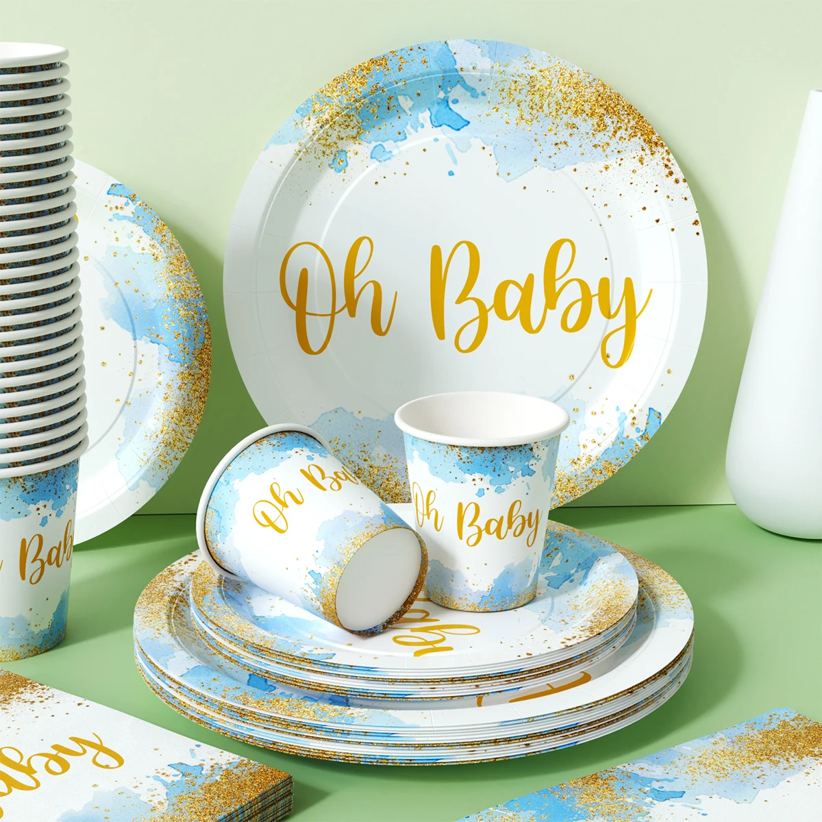 Blue Gold Watercolor Party Tableware Set 96Pcs Disposable Paper Plates Cups Napkins for Baby Shower Gender Reveal Decoration - view 3