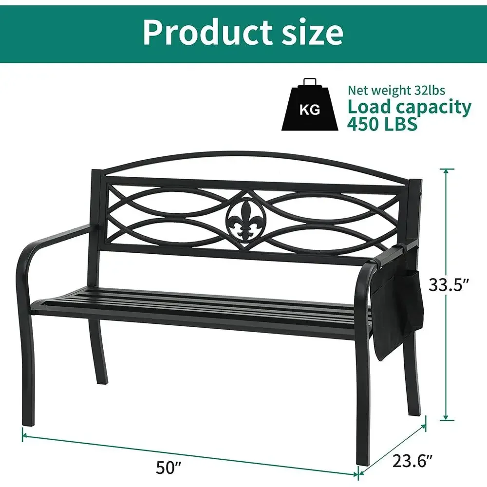 Metal Outdoor Bench with Cloth Storage Bag Spear Pattern Patio Bench with Backrest and Armrest Durable Black Garden Furniture