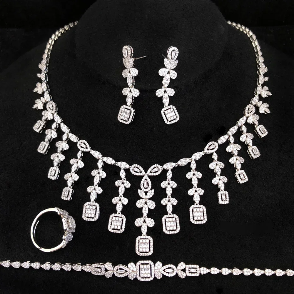 

Kellybola Luxury Gorgeous Tassel 4PCS Necklace Bracelet Earrings Ring Set For Women Wedding Party Costume Bridal Jewelry Sets