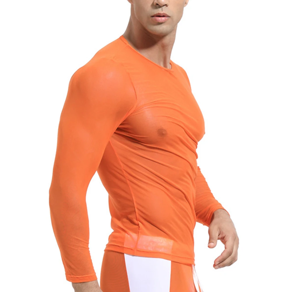 Mens See Through Mesh Tank Tops Breathable Ultra Thin Long Sleeve T-Shirt Summer Muscle Tops Gym Fitness Transparent Undershirt