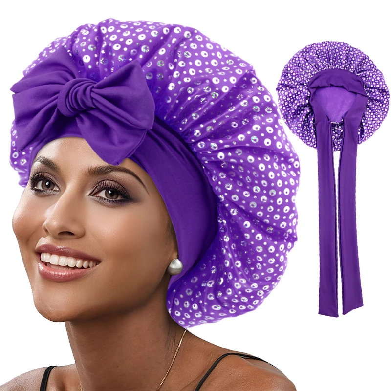 

Новая шапочка для сна с блестками и регулируемой завязкой, широкие поля, косметический чепчик для ухода за волосами, дышащая шапка-тюрбан для женщин, эластичная повязка на голову