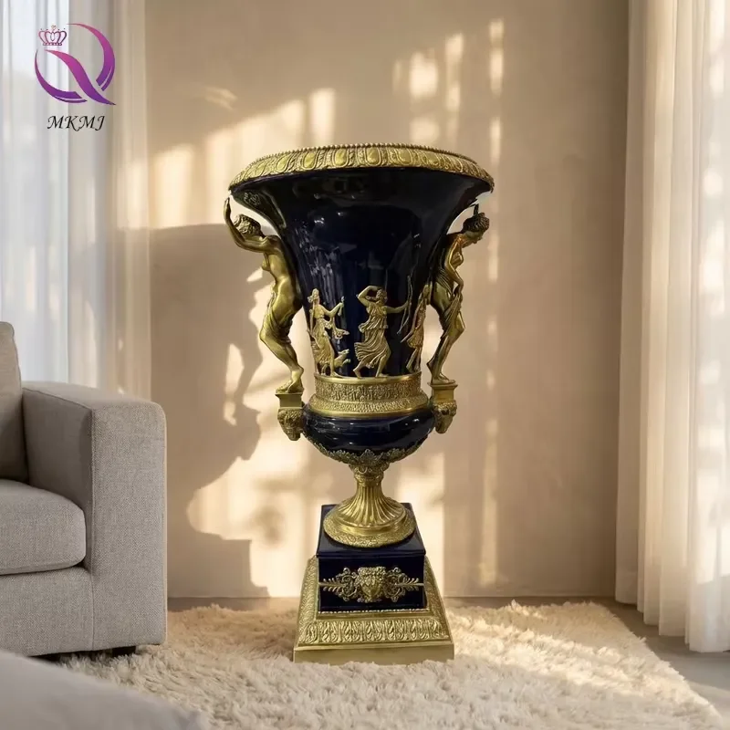 Vintage Blue Art Decor Width Mouth Floor Vase Antique Ceramic Flower Ornament with Brass Porcelain Flower Pot for Home Decor