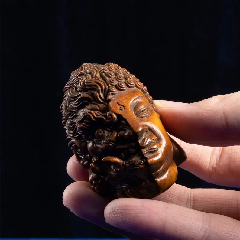 Artistic Wooden Buddha & Wrathful Face Sculpture - Handmade Duality Figurine Ornament Unique Collectible Pendant Keychain Gift