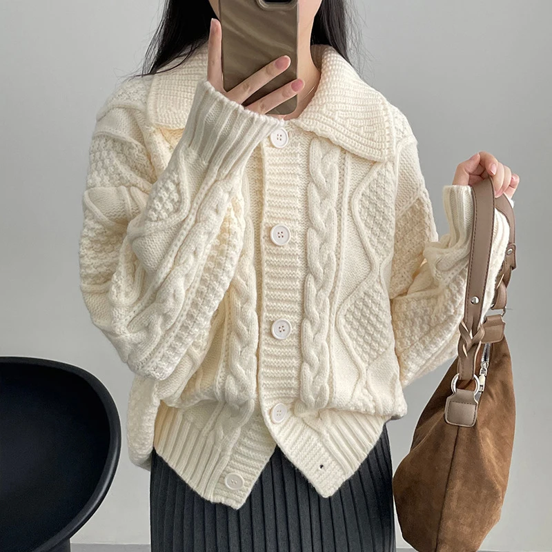 2023 New Women Cardigans Coat Turn Down Collar Sweater Single Button Women Beige Cape Vintage Knitted Cardigan Women Autumn Tops