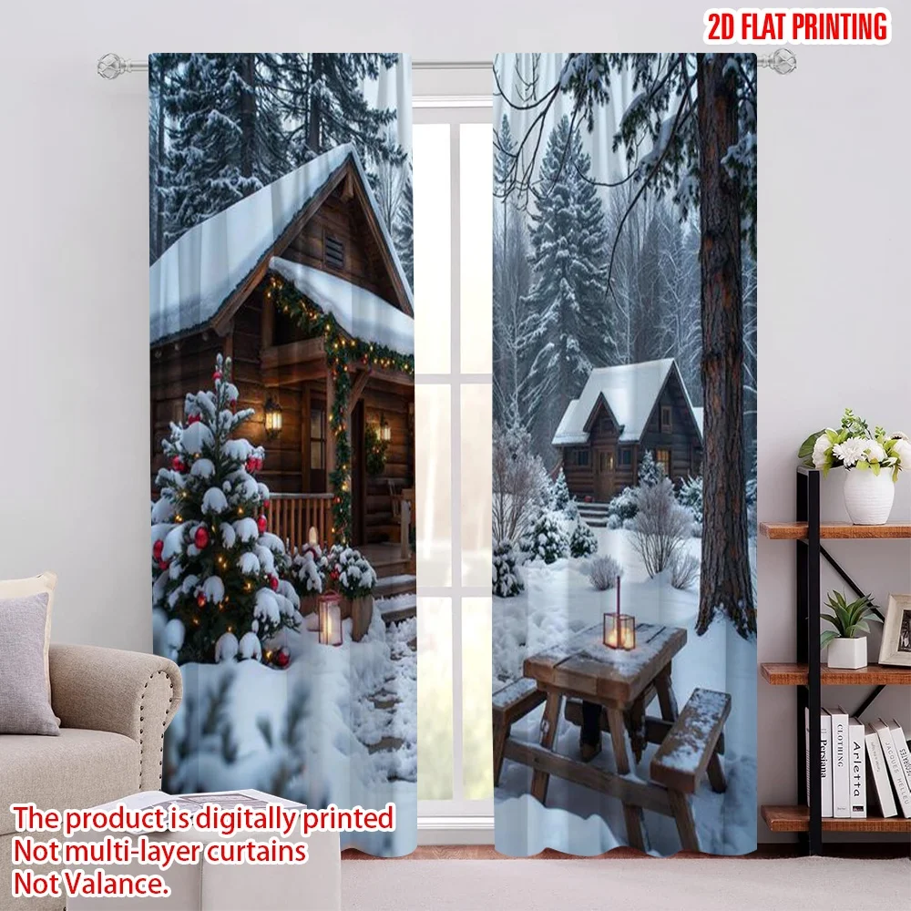 

2pcs 2D flat printing Christmas Curtains winter6 100% Polyester Without Electricity Holiday Decorations Use for Holiday