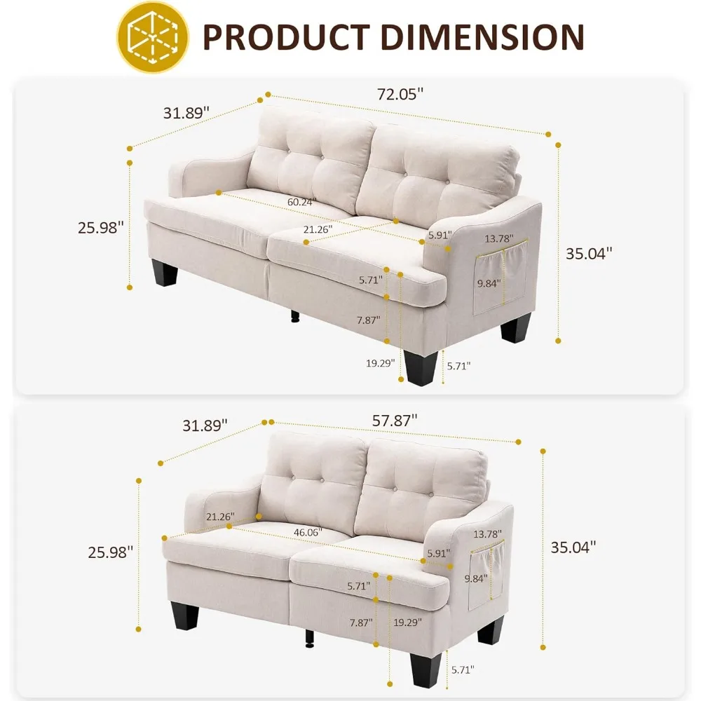 Loveseat Sofa, Solid Wood Small Loveseat for Small Spaces with 2 Pillows, Memory Foam, Button Tufted Designed, Small