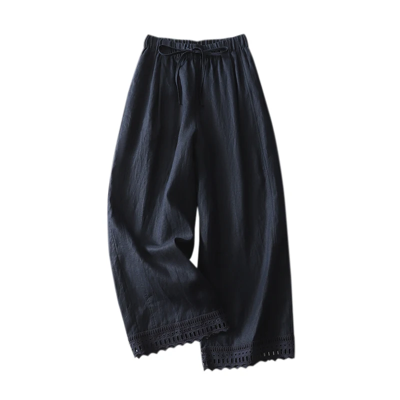 Ele dunne katoenen linnen elastische taille casual broek dames bloemenkant losse rechte pijpen wijde pijpen broek negen punten broek