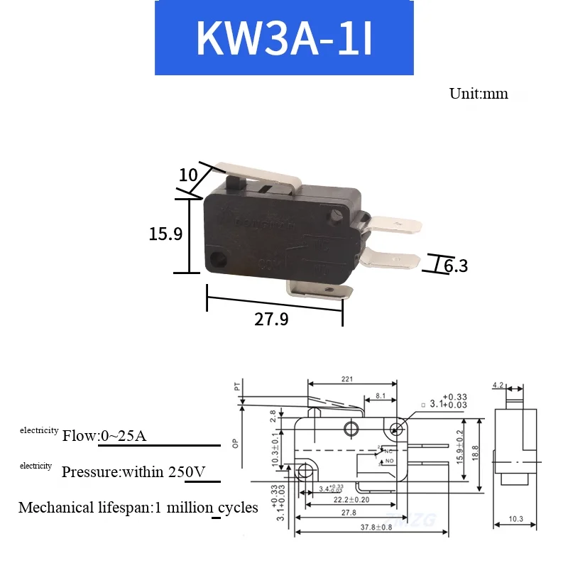 KW8-Serie Kupferkontakt Fußbreite 6,3 mm Großer Mikroschalter mit großer Schaltweglänge Mikro-Tastendruckschalter – Detail 4