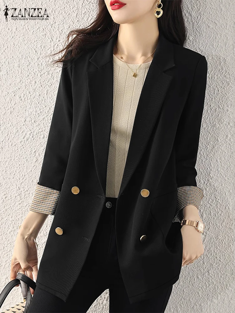 ZANZEA Fashion Lapel Neck Casual Blazer Classy Women Checked Cuffs Elegant Suit Jackets Commute Long Sleeve Autumn 2024 Blazer