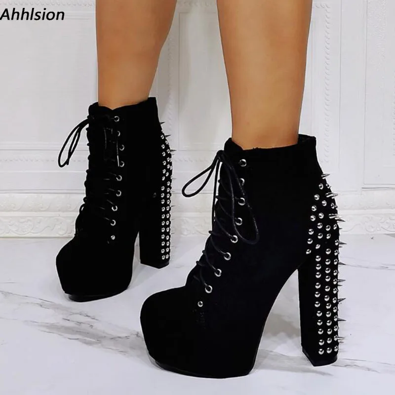 Ahhlsion Women Winter Ankle Boots Studded Platform Chuny Heels Round Toe Pretty Black Cosplay Shoes Ladies US Plus Size 5-20