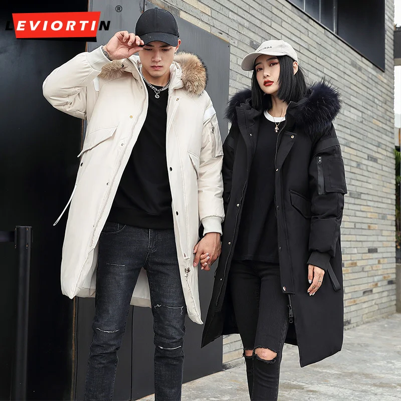 Winter White Duck Down Long Jacket For Men Women Korean Styles Big Pockets Puffer Thickened Fur Collar Cargo Hoodies Parka Coat