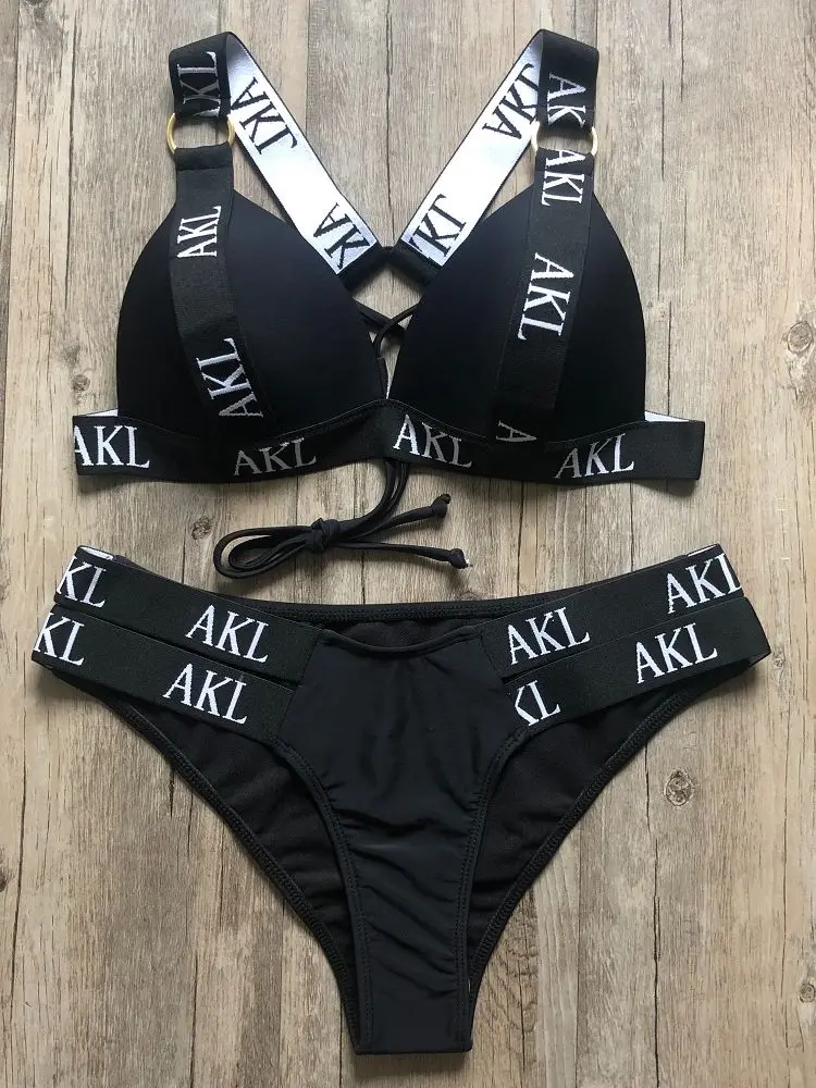 Sexy 2019 bikini set Letter print swimsuit female push up Bandage black swimwear women Biquini Swimming bathing suit Bather