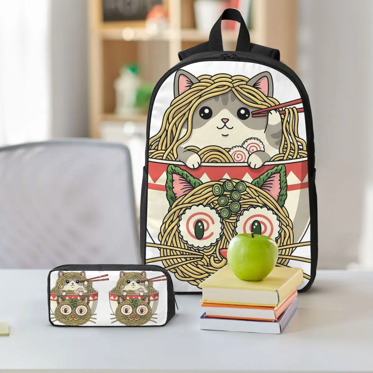 Cute Cat Eat Lamian Noodles Ramen Backpack Boys Girls BookBag School Bag Shoulder Bags 3ps Insulated Lunch Bag Pencil Case