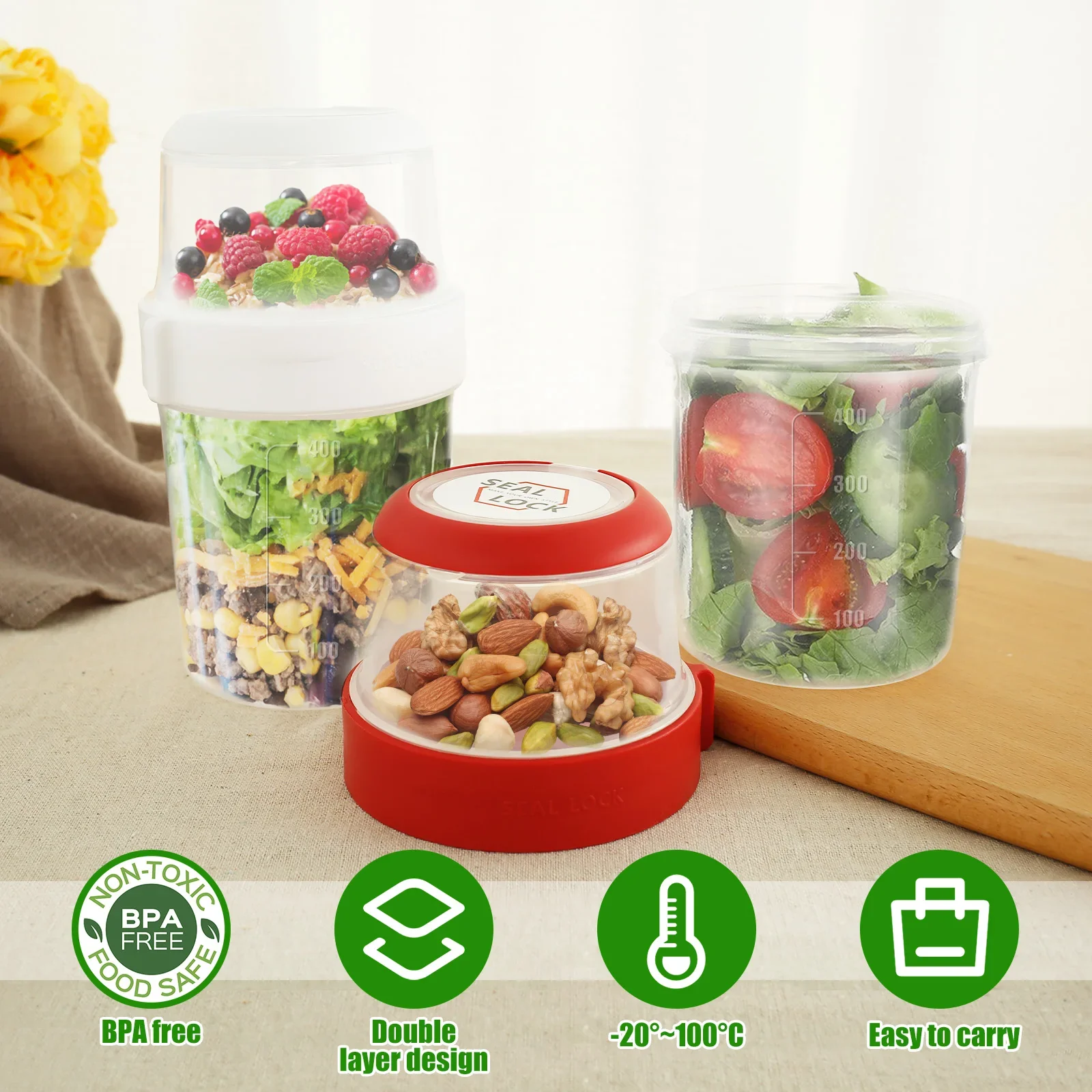 2Pcs Breakfast Cups Reusable Take and Go Yogurt Cup Double Layer Overnight Oats or Cereal Oatmeal Container Jar Lunch Box