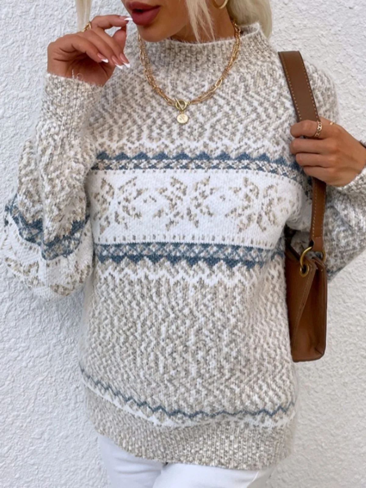 

Christmas Snowflake Pattern Knitted Long Sleeve Half High Collar Sweater Women's Autumn Winter Fashion Street Style Loose Fit...