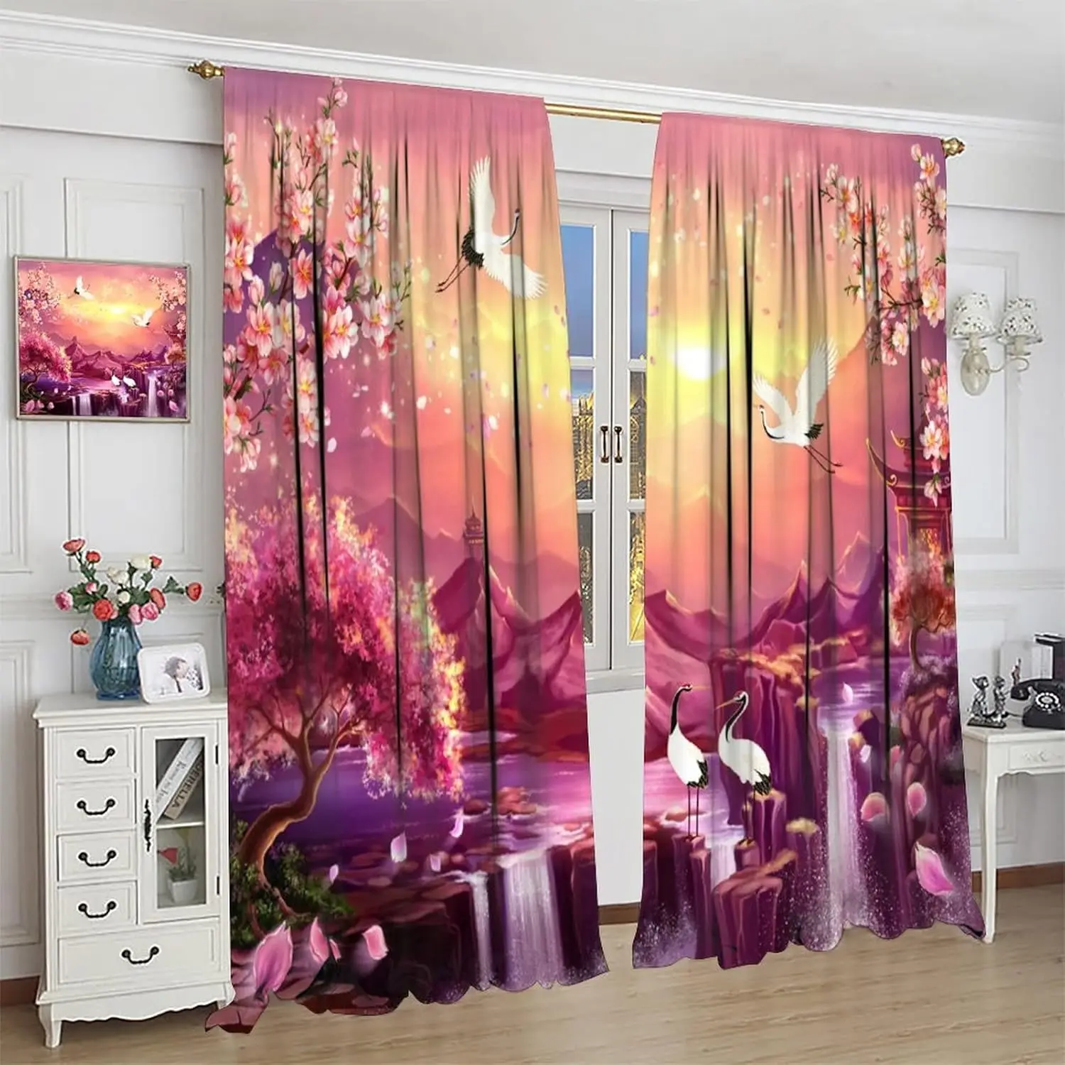 Japanese Style Curtains,Cherry Blossom Sunrise Crane Waterfall Asian Style,Blackout Curtains for Bedroom Living Room,2 Panel Set