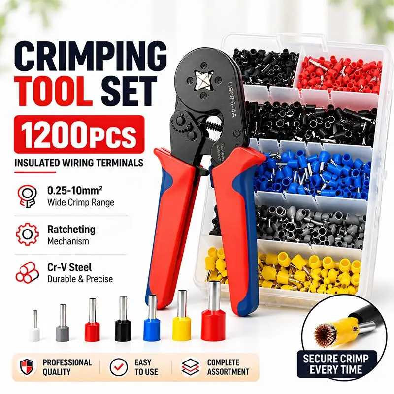 HSC8 6-4A Crimping Tool Ferrule Pliers 0.25-10mm Wire Crimp Connector with 1200pcs Terminals Professional Electrician Tools