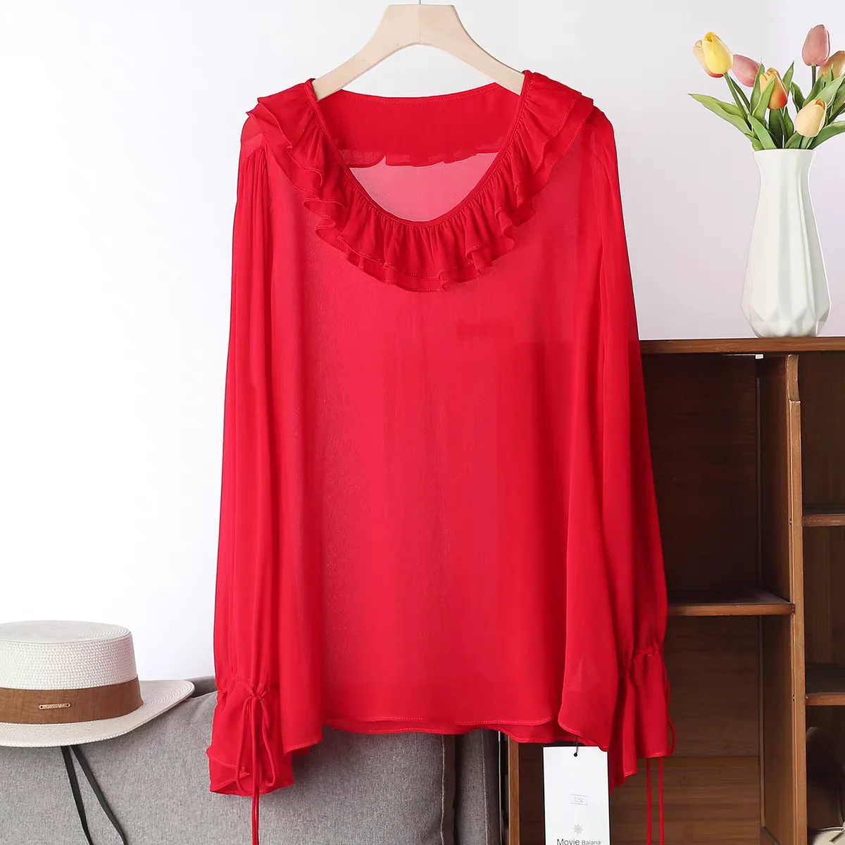 Korean Fashion plus Size Women's Blouse Long Sleeve Chiffon Top with Ruffle Collar Sexy Elegant Thin See-through 5XL 6XL view 5