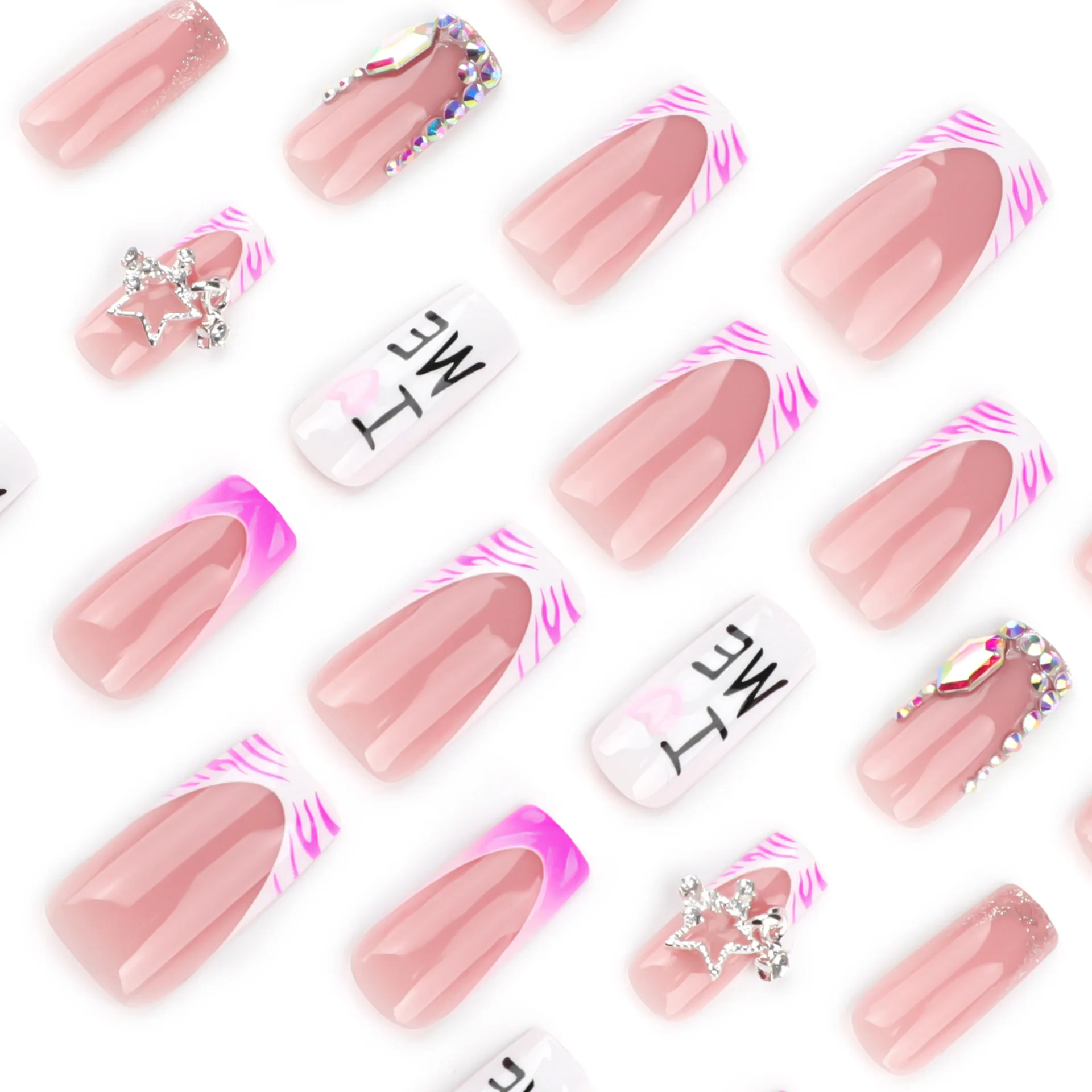 24 Stück Flash Diamond Falsche Nägel Rosa Zebramuster Französischer Stil Press On Nails Sternkette Dekor Y2k Valentinstag Fake Nail – Detail 3