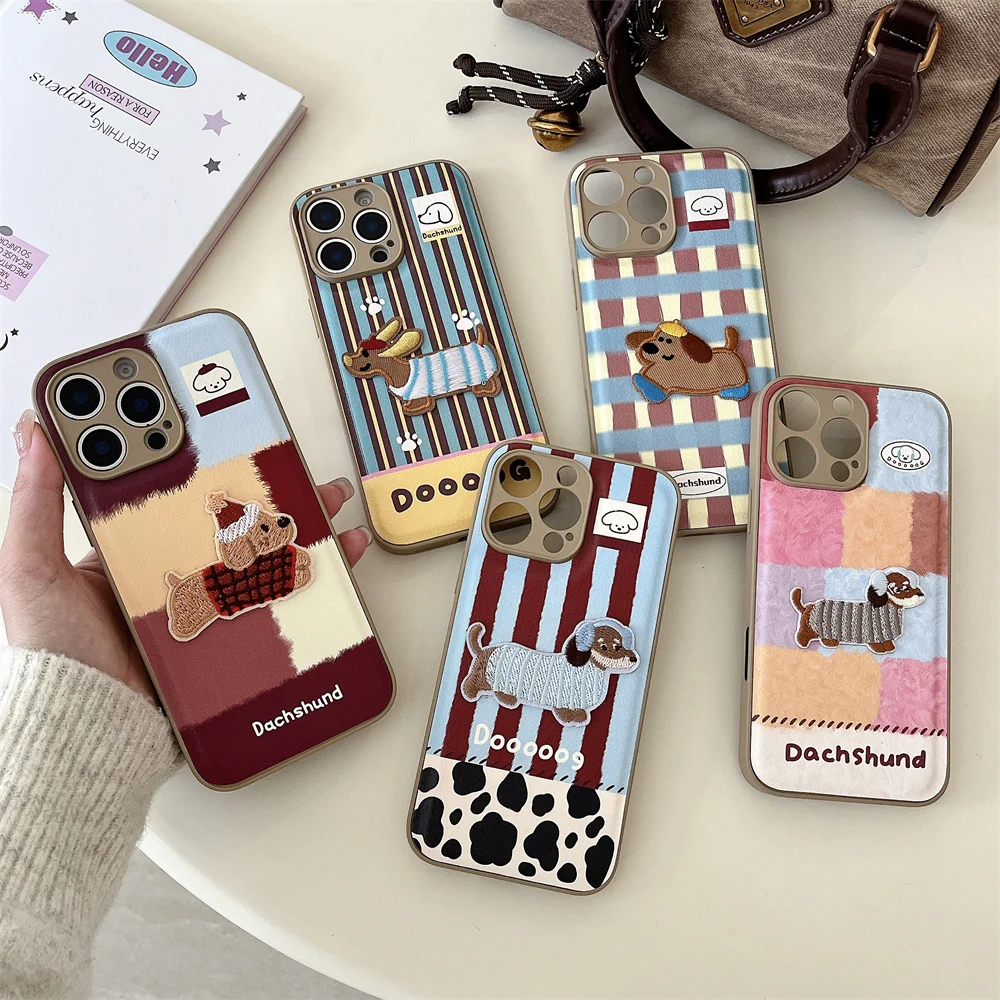 Korean Splicing lattice Cartoon Puppy Phone Case For iPhone 16 15 13 12 11 Pro Max Xr Xs 15 14 Plus knitted plush lanyard Cover