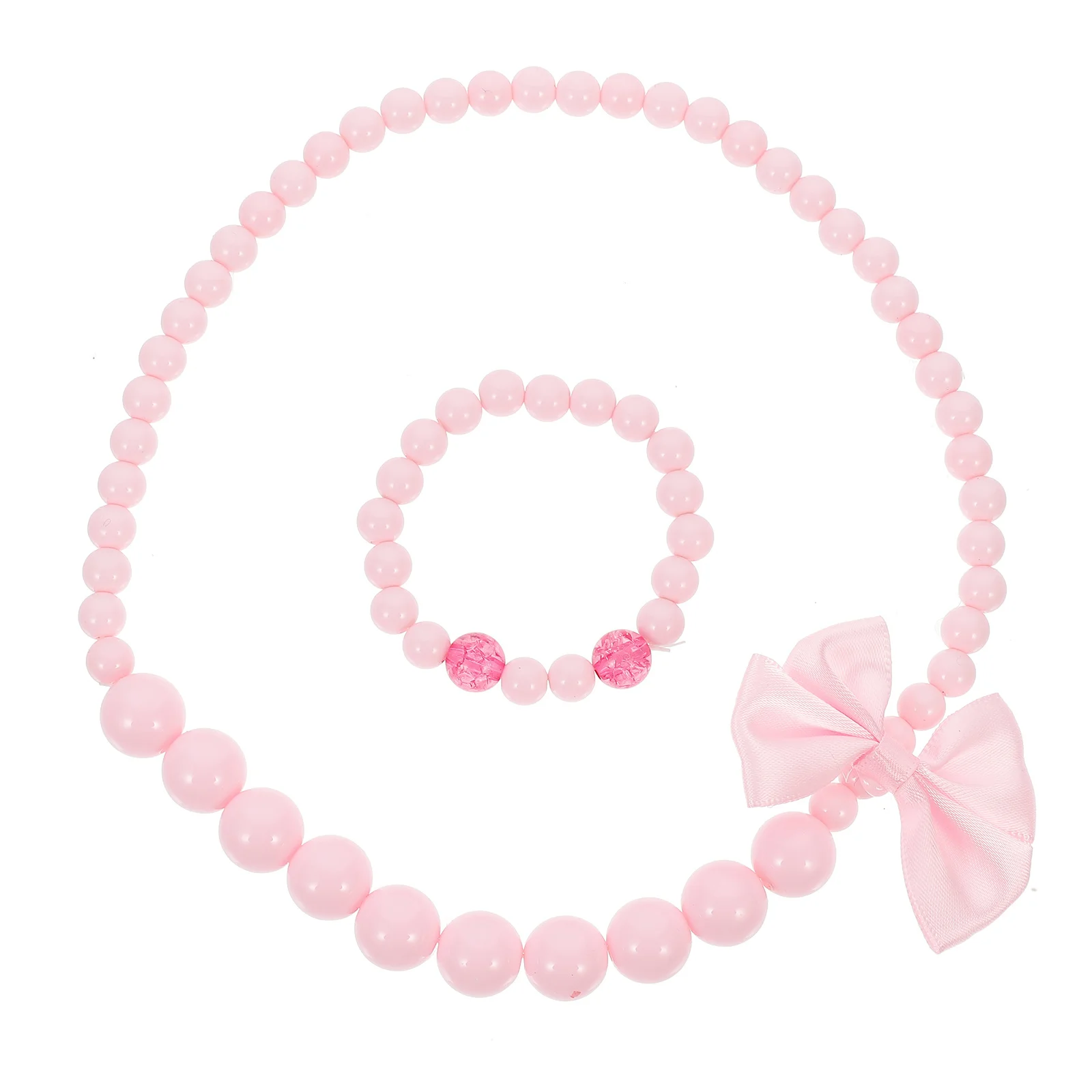 Naszyjnik z kokardką, zdobiony koralikami, różowo-czerwony, gładka tekstura, bezwadne wykonanie, bardzo mocna nitka, wygodna biżuteria dla dzieci.