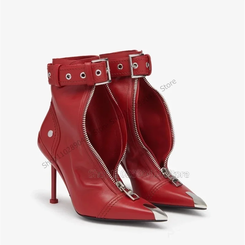 Rot Hohl Design Metall Spitz Stiefeletten Knöchel Schnalle Frauen Schuhe Dünne High Heels Runway 2023 Zapatos Para Mujere