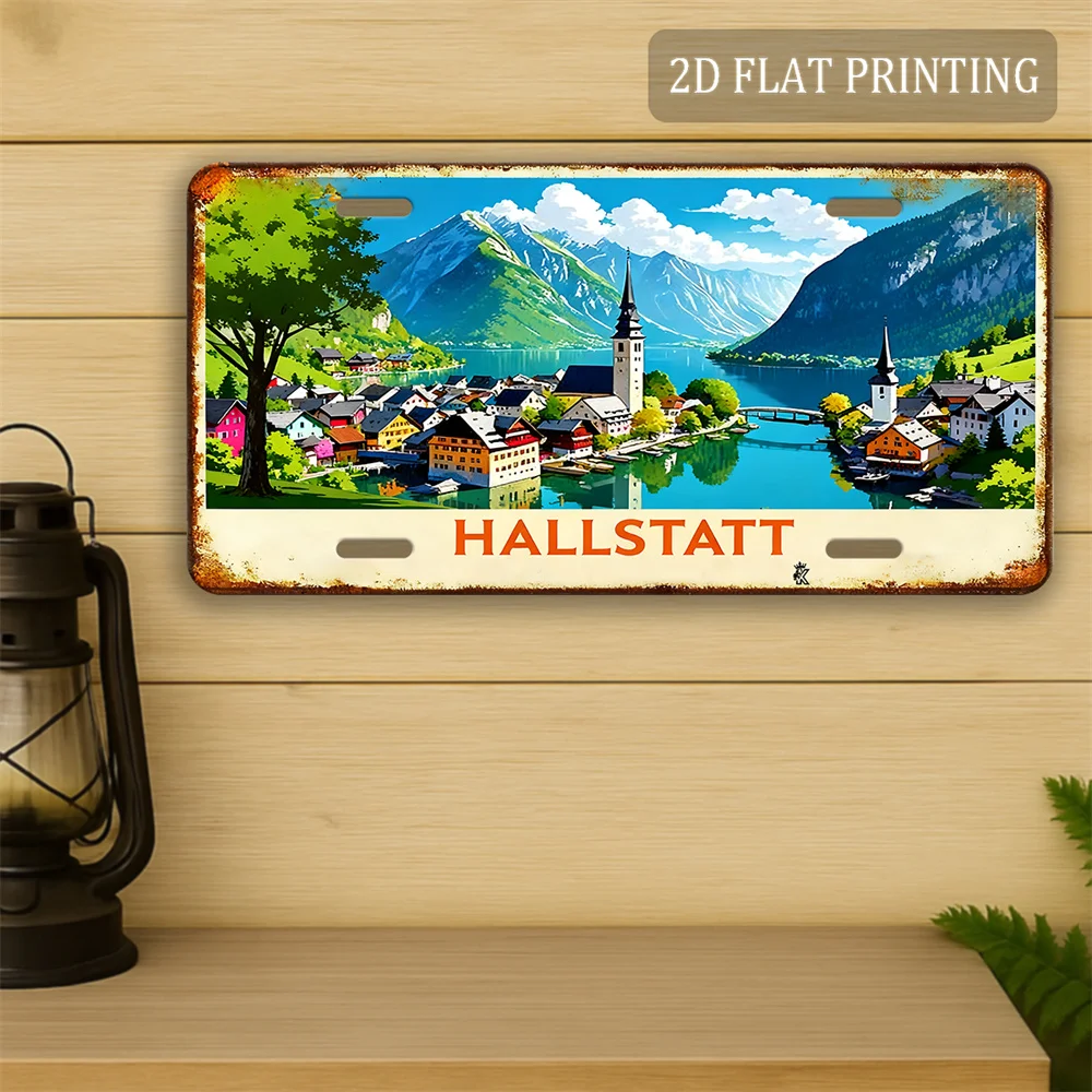 2D Flat - 1pc, 2D Flat, Sign from Hallstatt, Austria, Vintage Metal Pattern of a Lakeside Town Scenery, Rust Texture with an Age