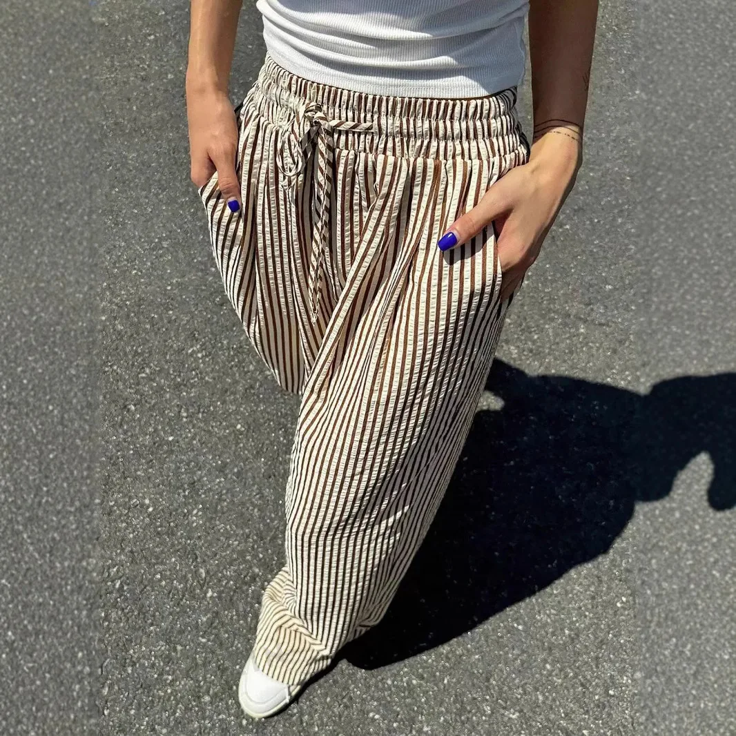 Women's Casual Stripe Long Pants Cross-Border Cleanfit Style Mid-Low Waist Polyester Cotton Blend Printed Soldier Pants