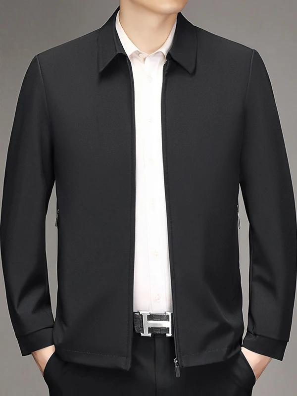

Busin Sle Men's Jaet 2025 Autumn Spring Admin Coat Dad Collar Long Sve Stand Fit Pure Color Polyester Fiber