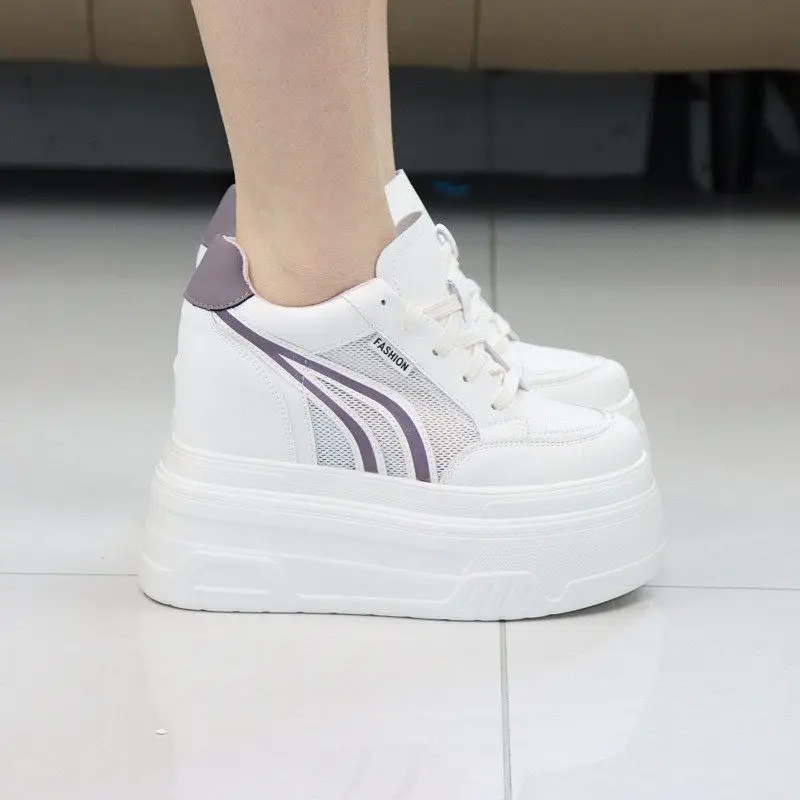 New White Hidden Heel Shoes for Women12CM Thick Sole Mesh Hollow Sandals Breathable Chunky Platform Sneakers Casual Skate Shoes