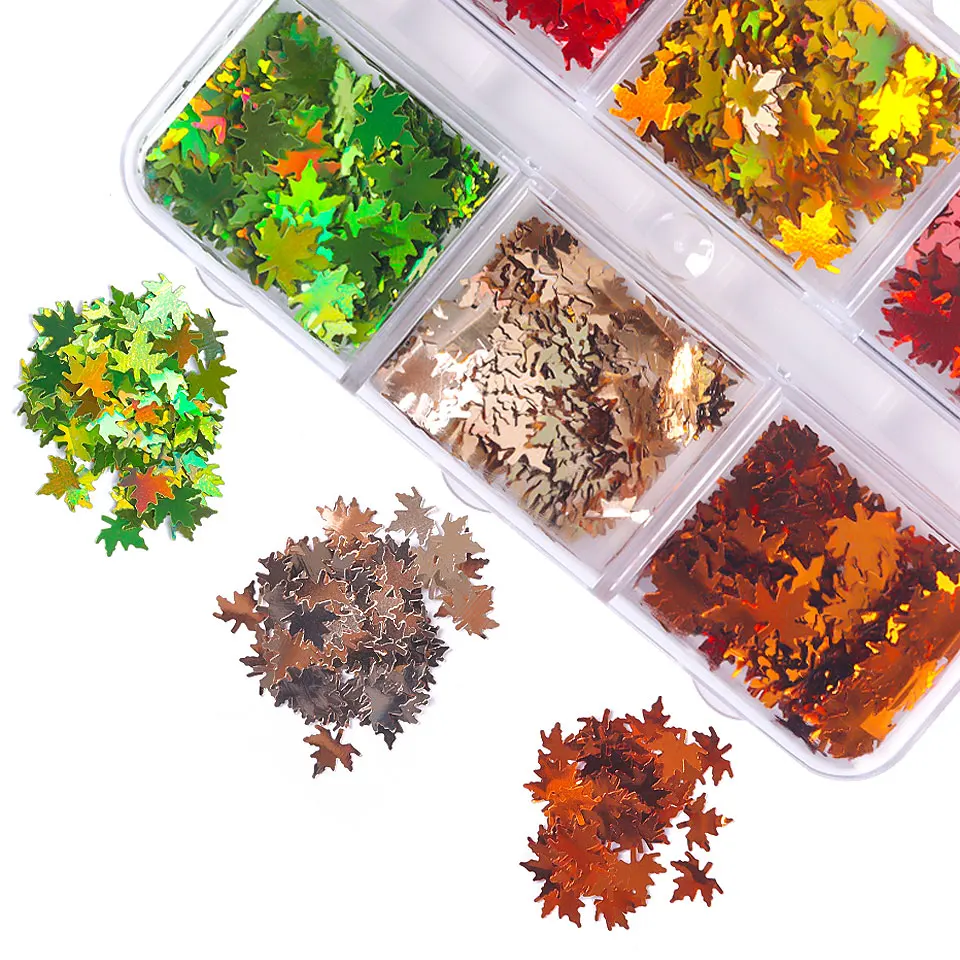 NEWCOME 6 Grids Maple Leaves Nail Glitter Sequins Mixed Shiny Fallen Leaf Flakes DIY Autumn Nail Art Decoration Accessories Tool