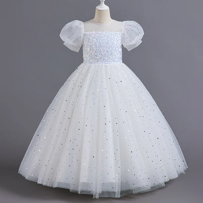 8903 Kinderjurk Meisjes Prinses Pailletten Bubble Mouw Lange Mesh Bloem Meisje Bruiloft Voor De Zomer