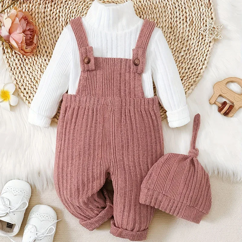 

3Piece Spring Autumn Newborn Girls Clothes Korean Fashion High Neck Tops+Jumpsuits+Hat Baby Boutique Clothing Toddler Sets B061