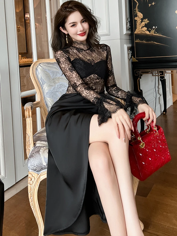 Elegant Fashion Sexy Midi Dresses for Women 2023 Black Sheer Lace Long Sleeve Satin Folds Asymmetrical Split Robe Party Vestidos