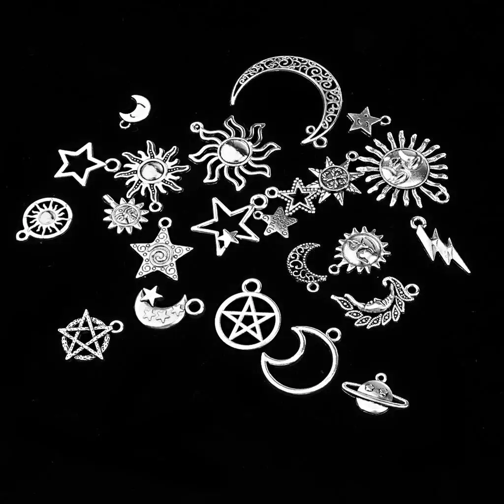 Jewelry Making Sun Moon Star Charms Alloy Silver Beads for Bracelet Kit Necklace DIY Findings Pendant Supplies Crafting Set
