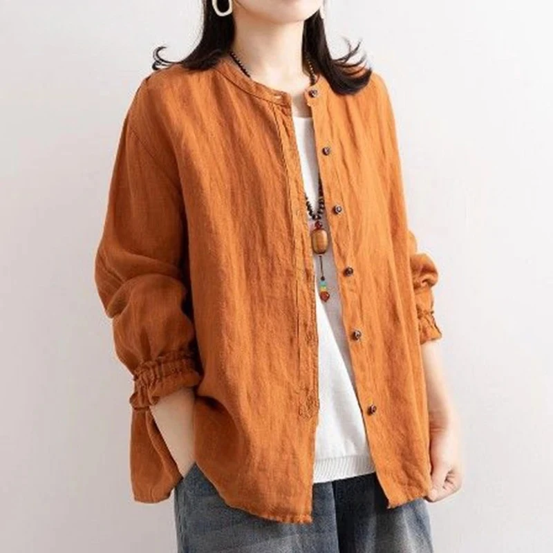 

Spring Autumn Ethnic Style Vintage Cotton Linen Casual Shirt Women O-neck Loose Fashion Buttons Blouse Long Sleeve Blusa ZT451
