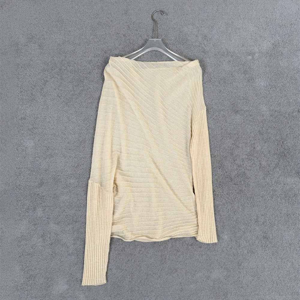 Women Mohair Blend Knit T-shirt Long Sleeve Diagonal Ribbed Knit Top Loose Elegant Ladies Casual Slim Fit Knitted Blouse