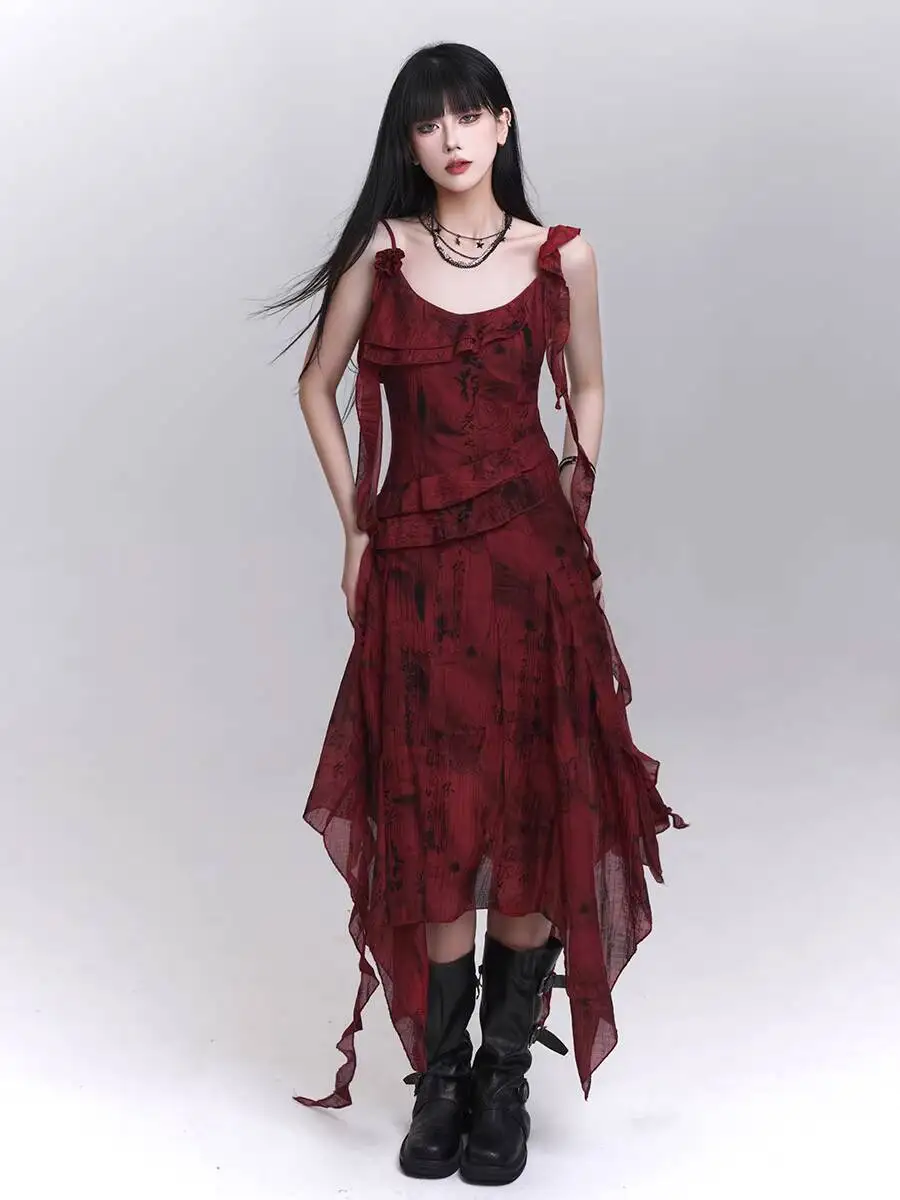 Punk Women Strap Dress Irregular Red Cami Dress Ghost Girl Stunning Slip Dress For Beach Vacation Concert Outfit
