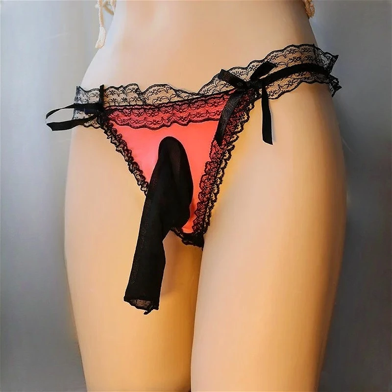 Sexy Lingerie Buttocks Hollow Mens Underwear Sissy Panties Women Panties Bow Low Waist Lace Male Briefs Hombre Silky JJ Sheath