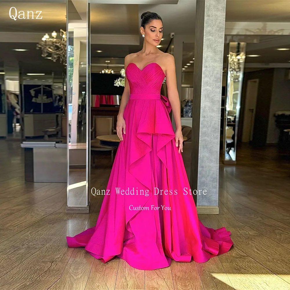 

Qanz Fuchsia Sweetheart Formal Evening Dress Long A Line Satin Backless With Bow Ruffles Prom Gown Formal Dress Vestido Gala