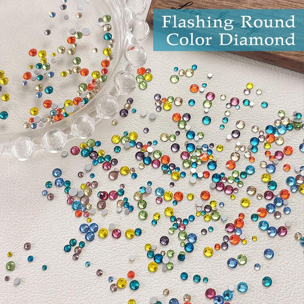 1440 Stück mehrfarbige Glitzer-Strasssteine mit flacher Rückseite, rund, 3D-Nagelkunst-Dekorationen, bunte Kristall-Edelsteine für Nagel-Bastelzubehör