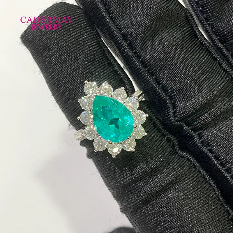 Anillos Paraiba de laboratorio S925, plata S925, 8x11mm, forma de pera, Paraiba YAG con moissanita, anillo de compromiso de boda pavimentado para regalo de mujer
