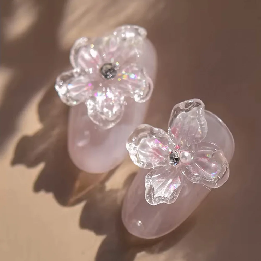 5D Pink White Cherry Blossom Nail Sticker Shell Light Jelly Lily Sakura Petal Flowers Manicure Decals Elegant Nail Decorations