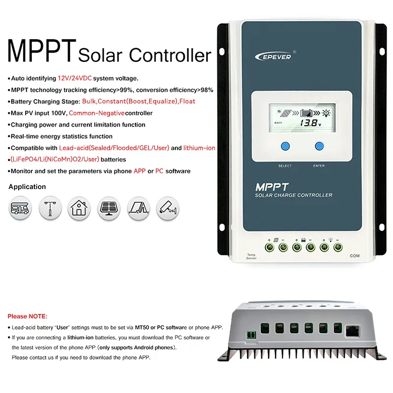 Imagem -03 - Controlador Carga Solar Mppt Epever-mppt Tracer Controlador de Carga Solar Regulador Automático de Bateria Alta Eficiência 40a 30a 20a 10a Mt50 Wifi 12v 24v Controlador de Carga Solar Mppt