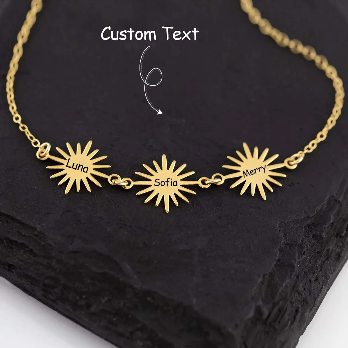 

Engraved Custom Name Necklace, Personalized Gift, Spaced Letter Name Necklace for Friendship, Sunburst Gold Minimalist Jewelry